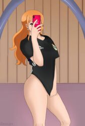 artist_request female female_only going_commando nami_(one_piece) no_panties no_underwear one_piece orange_hair orange_hair_female phone real_madrid selfie soccer_uniform tagme
