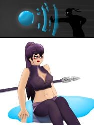 arrow_(sf2) defeated_female embarrassed female fighting long_hair looking_away magic male medium_breasts open_mouth ponytail puddle purple_eyes purple_hair shadow_(sf2) shadow_fight shadow_fight_2 sitting sitting_on_ground spear water_drop wet wet_skin white_background