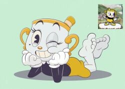 beauty_mark big_eyelashes black_eyes black_shirt cuphead:_the_delicious_last_course cuphead_(game) feet feet_up female female_only gloves handles laying_on_ground laying_on_stomach looking_at_viewer ms._chalice pacman_eyes porcelain_skin smiling smiling_at_viewer white_skin wink winking_at_viewer yellow_skirt