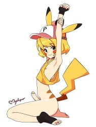 1boy animal_ears armpits black_eyes black_gloves black_socks blonde_hair bottomless closed_mouth commentary fingerless_gloves gloves hat highres maho_malice male_focus nail_polish nipples penis pikachu pikachu_ears pikachu_tail pink_hat pink_nails pokemon pokemon_tail shirt short_hair signature simple_background sleeveless sleeveless_shirt smile socks solo tail toeless_legwear toes white_background yellow_shirt