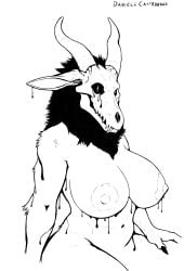 absurd_res anthro areola big_breasts black_body black_fur bone bovid breasts caprine caprine_demon claws clenched_teeth creepy curvy_figure demon female fur goat goat_demon hi_res horn looking_at_viewer mammal monochrome nipples pointy_ears prick_ears sharp_teeth simusart sitting skull solo teeth voluptuous voluptuous_female white_body