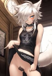 ai_generated bedroom blonde_hair blue_eyes blush canine_pussy cookie-girl crop_top eyeliner ezara_(oc) fox_ears fox_girl fox_tail gender_bender gender_transformation genderbent genderswap_(mtf) goth goth_girl lifting_skirt punk punk_girl rule_63 seductive seductive_look seductive_pose shorts shy skinny skinny_girl smile solo solo_female solo_focus spiked_collar upskirt