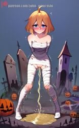 1girls ai_generated blue_eyes blush graveyard jack_o'_lantern john_omorashi mummy_wrappings orange_hair peeing peeing_on_ground puddle pumpkin pussy standing standing_pee urination