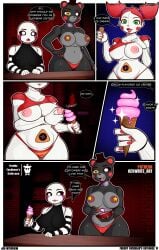 absurd_res animatronic anthro bear black_sclera bodily_fluids breast_grab breast_milking breast_squish breasts circus_baby_(fnaf) clothing clown clown_makeup comic dessert female five_nights_at_freddy's five_nights_at_freddy's_2 food freddy_fazbear's_pizzeria_simulator freddy_fuckbear's_cathouse_(kevwrite) gradient_background green_eyes grey_body group hair hand_on_breast hi_res ice_cream kevwrite lactating lefty_(fnaf) machine mammal marionette_(fnaf) multicolored_eyes nipples panties pattern_clothing pattern_underwear pink_nipples red_clothing red_hair red_panties red_underwear robot scottgames simple_background slightly_chubby speech_bubble squish striped_clothing striped_underwear stripes text trio underwear white_body yellow_eyes