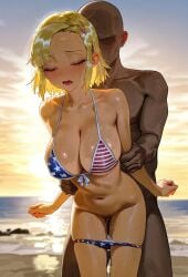 1boy 1girls ai_generated american_flag_bikini angol_mois athletic_female bare_legs beach big_breasts bikini blonde_hair blush closed_eyes dark-skinned_male dark_skin doram huge_breasts huge_thighs interracial keroro_gunsou massive_breasts muscular_male nude nude_male open_mouth sex short_hair squatting standing_sex sweat sweatdrop tan-skinned_female tan_body tanned_female tanned_skin thick_thighs thighs vaginal_penetration voluptuous voluptuous_female