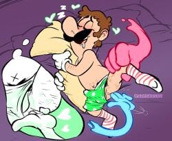 1boy anal anal_fingering bed bedroom boner brown_hair closed_eyes erection facial_hair fingering fingering_anus floating_hands gay gloves green_underwear hairy_male heart hugging_pillow luigi male male_only mario_(series) moustache naughtybassard nintendo open_mouth penis_in_underwear pillow sleeping smile torquewintress white_gloves