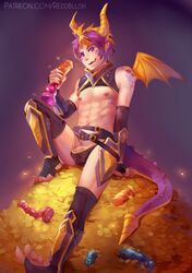 alternate_species animal_humanoid belt blonde_hair dildo dragon_humanoid gold hair horn humanoid humanoidized male male_only multicolored_hair nipples patreon penis pointy_ears purple_hair purple_tail reddblush reddverse sex_toy sitting smile solo spyro spyro_the_dragon two_tone_hair video_games wings yellow_wings