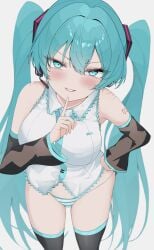 1girls alternate_version_available blush clothing cyan_eyes cyan_hair female focus hatsune_miku hi_res kawasuru legwear looking_at_viewer panties smile solo twintails underwear vocaloid