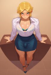 1boy ai_generated blonde_hair blue_eyes bra bra_peek bulge civitai color crossdressing crossdressing_male femboy feminine_male from_above girly high_heels jimojo long_sleeves looking_at_viewer male male_chest office_lady pectoral_cleavage pencil_skirt pony_diffusion_xl secretary short_skirt skirt thighs