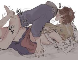 1boy 1girls ass blonde_hair blush from_behind lynette_(octopath_traveler) messy_hair miles_(octopath_traveler) octopath_traveler partially_clothed pillow prone_bone sex sweat vaginal_penetration wspread