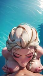 1boy 1girl 9:16 ai_generated animated animated_image blonde_hair blowjob blue_eyes braided_hair braided_ponytail breasts breasts_out elsa_(frozen) fellatio female hannai looking_at_viewer moaning oral oral_sex platinum_blonde_hair pool poolside pov pov_blowjob pov_eye_contact shorter_than_10_seconds sound squeezing_breasts_together swimming_pool tagme vertical_video video water