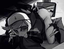 69 2024 69_position alastor_(hazbin_hotel) antlers artist_request deer deer_ears deer_humanoid demon demon_boy demon_humanoid gay hazbin_hotel humanoid hybrid monochrome nun priest rimming tv vox_(hazbin_hotel)