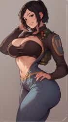 ai_generated ass black_hair bodysuit curvy dat_ass eteeming fallout fallout_(series) fallout_(tv_series) female_only jumpsuit lucy_maclean ponytail smile thick_thighs vault_girl vault_suit