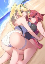2girls blonde_hair breasts female large_breasts multiple_girls mythra mythra_(radiant_beach)_(xenoblade) nintendo osora_(judithandlilith) ponytail pyra pyra_(pro_swimmer)_(xenoblade) pyra_(xenoblade) red_eyes red_hair swimsuit xenoblade_(series) xenoblade_chronicles_2 yellow_eyes