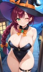 1girls aged_up ai_generated alternate_body_type alternate_breast_size big_breasts breasts chloe_(pokemon) cleavage collarbone female female_focus female_only game_freak green_eyes halloween halloween_costume huge_breasts human large_breasts light-skinned_female light_skin nintendo pokemon pokemon_journeys purple_hair revealing_clothes ryuzam sideboob skimpy skimpy_clothes smile solo upper_body witch witch_costume witch_hat