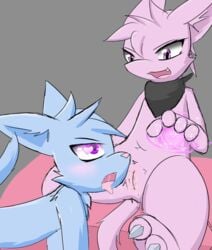 1girls 2018 alternate_color ambiguous_gender anthro aura bandana blue_fur blue_hair blush claws domestic_cat duo felid feline felis female flat_chest fur furry grey_background hair heart legendary_pokemon mammal mew mind_control mostly_nude nintendo no_nipples open_mouth pink_fur pink_hair pokémon_(species) pokemon pokemon_(species) pokemon_rgby purple_eyes pussy ryoku saliva shiny_pokemon simple_background sitting straight_hair tongue tongue_out video_games