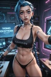 ai_generated blue_hair home jinx_(league_of_legends) night_sky sweaty_breasts