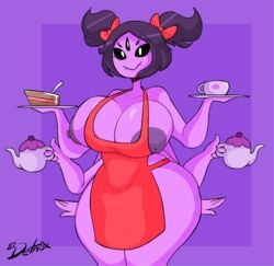 5_eyes 6_arms arachnid big_breasts black_hair bow breasts cake detnox female huge_breasts humanoid kettle large_breasts monster monster_girl muffet naked_apron nipples purple_skin saucer spider tea_cup thick_thighs twintails undertale wide_hips