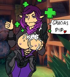 2d big_ass big_breasts big_butt cum cum_on_breasts cumshot elf paladins pip_(paladins) purple_eyes purple_hair skye_(paladins) violet_eyes violet_hair wolfuregogo