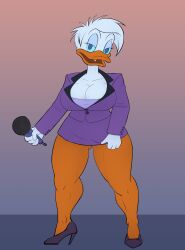 breasts child_bearing_hips cleavage clothing color curvy daisy_duck diklonius disney ducktales eyes_half_open female furry high_heels huge_breasts looking_at_viewer microphone miniskirt sketch skirt suit thick_thighs