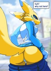 absurd_res ando anthro bandai_namco canid canine clothing dialogue digimon digimon_(species) female hi_res looking_back mammal renamon solo undressing undressing_self