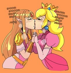 2019 2girls a_link_between_worlds a_link_to_the_past ass_in_dress blonde_hair blush breasts closed_eyes clothed clothing crossover death_battle elbow_gloves female female_only french_kiss french_kissing gloves holding_hands interlocked_fingers kissing leaning_forward lesbian long_hair mario_(series) medium_breasts multiple_girls nintendo orange_background princess_peach princess_zelda saliva side_view simple_background standing text the_legend_of_zelda wolfgang_bang yuri zelda_(a_link_between_worlds) zelda_(a_link_to_the_past)