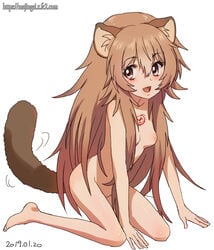 2019 :d animal_ears areolae arm_support barefoot breasts brown_eyes brown_hair chest_tattoo dated feet female ginko_(silver_fox) long_hair messy_hair no_nipples nude open_mouth pussy raccoon_ears raccoon_girl raccoon_tail raphtalia small_breasts smile solo tail tail_wagging tate_no_yuusha_no_nariagari tattoo uncensored very_long_hair young_raphtalia