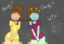 2girls adult_swim biting_lip blue_skin brown_hair chocker color diklonius female half-closed_eyes long_shirt looking_at_viewer male morticia_smith morty_smith ponytail portal rick_and_morty rick_sanchez rule_63 shirt shoulders thick_thighs thighs unity_(rick_and_morty)