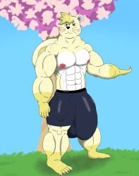 alythewolfcat animal_crossing anthro big_bulge bulge cherry_blossom clothing detailed_bulge flower genital_outline hi_res huge_bulge hyper hyper_bulge male mammal marshal_(animal_crossing) muscular muscular_male nintendo nipples penis_outline plant prunus_(flower) rodent sciurid solo solo_male swimming_trunks swimwear tree_squirrel