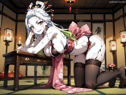 1girls ai_generated all_fours anilvl ass bare_shoulders bent_over bikini black_bikini black_bra black_panties black_thighhighs blush bra breasts candle candlelight cleavage colored_skin cracked_skin cushion daki_(kimetsu_no_yaiba) demon_slayer earrings eyeshadow facial_mark floral_print forehead full_body garter_straps gradient_hair green_eyes green_hair grin hair_ornament hair_stick hairpin indoors japanese_clothes kimetsu_no_yaiba kimono kneeling lace-trimmed_legwear lamp lantern large_breasts legs lingerie lipstick long_hair looking_at_viewer makeup multicolored_hair navel obi pale_skin panties paper_lantern parted_lips pink_bow red_lips sandals sash side-tie_panties sideboob smile solo stomach swimsuit tabi table tatami thighhighs thighs two-tone_hair underwear white_hair white_skin zouri