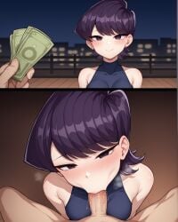 1boy 1boy1girl 1girls 2koma ai_generated bare_shoulders blowjob blowjob_face blush breasts cash cheating cheating_wife fellatio female half-closed_eyes heavy_breathing holding_money housewife komi-san_wa_komyushou_desu komi_shuuko looking_at_viewer mature_female milf money netorare night notreallyhere ntr pov prostitution purple_hair saliva short_hair smile swept_bangs vacuum_fellatio wooden_floor