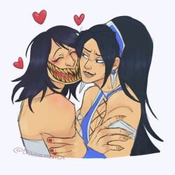 2girls black_hair blue_clothing damax edenian female female_focus female_only happy happy_female kitana kitana_(mk9) midway midway_games mileena mileena_(mk9) mortal_kombat mortal_kombat_(2011) netherrealm_studios sharp_fingernails sharp_teeth sisters skimpy_clothes tarkatan warner_bros warner_bros._games warner_brothers wholesome