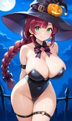 1girls aged_up ai_generated alternate_body_type alternate_breast_size big_breasts breasts chloe_(pokemon) cleavage collarbone female female_focus female_only game_freak green_eyes halloween halloween_costume huge_breasts human large_breasts light-skinned_female light_skin nintendo pokemon pokemon_journeys purple_hair revealing_clothes ryuzam sideboob skimpy skimpy_clothes smile solo upper_body witch witch_costume witch_hat