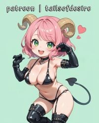 ai_generated bikini black_bikini choker cute cute_girl elbow_gloves floating_hearts green_background green_eyes happy heart_necklace knee_boots large_breasts leather_bikini leather_boots leather_clothing leather_gloves momo_(tailsofdesire) navel patreon patreon_username pink_hair sheep_horns short_hair simple_background smile succubus succubus_horns succubus_tail swept_bangs tails_of_desire voluptuous