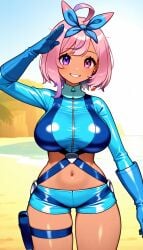 ai_generated big_breasts cosplay different_eye_color essievt hair_ribbon pink_hair pokemon smiling tagme tight_clothing vtuber