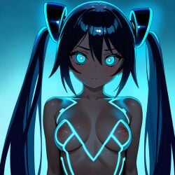 1girls absurdres ai_generated blue_eyes blue_light breasts cybernetics cyberpunk futuristic long_hair medium_breasts neon nude nude_female science_fiction teenage_girl teenager twintails