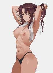 abs armpits arms_up artist_name black_lagoon black_panties breasts brown_eyes brown_hair cg cigarette cowboy_shot female large_breasts long_hair looking_at_viewer medium_breasts mouth_hold muscular navel nipples panties patreon_username ponytail revy revy_(black_lagoon) shoulder_tattoo sidelocks simple_background smile smoking solo sweat tattoo thighs toned topless towel towel_around_neck underwear white_background zefra_bleu