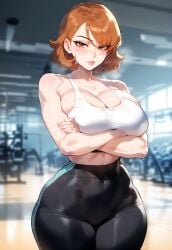 ai_generated cleavage gym miyuai persona_3 short_hair thighs tight_clothing workout_clothes yukari_takeba