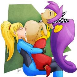 big_breasts blonde_hair bodysuit breast_sucking dark-skinned_female earring gregthelion lactation light-skinned_female metroid nintendo partially_clothed purple_hair samus_aran shantae shantae_(character) tongue_out wayforward zero_suit_samus