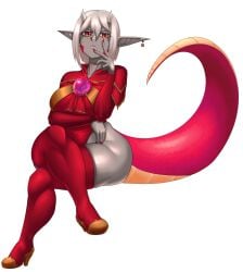 calamitas calamity_mod ear_ring grey_body horns lgeegeetv lizard_tail long_ears red_eyes red_nails red_theme scales sharp_fingernails terraria thick_thighs thigh_highs white_hair