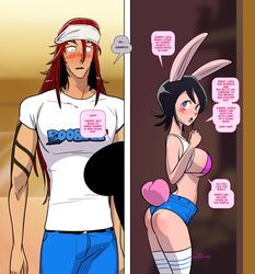 abarai_renji ass bleach blush bunny bunny_ears gairon headband hooters_(parody) kuchiki_rukia muscle renji_abarai tagme