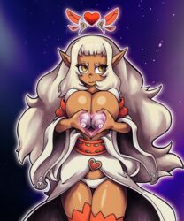 areolae big_breasts breasts cleavage dark-skinned_female dark_skin eniripsa female female_only hair hallowgazer heart krosmaga long_hair nipples panties posing presenting solo wakfu white_hair yellow_eyes