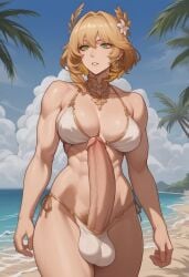 aglaea_(honkai:_star_rail) ai_generated balls_in_bikini beach big_balls bikini blonde_hair cock_peek erect_penis erection futa_focus futa_only futanari futanari_focus green_eyes hair_ornament honkai:_star_rail huge_cock laurel_crown mandy_kotatsu medium_breasts medium_hair penis_peek pubic_hair self_upload solo solo_focus sweat swimsuit