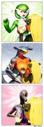 ai_generated anthro black_coat blonde_hair blue_skin breast_grab breasts breasts_out claws colored_skin comic cynthia_(pokemon) dark_nipples from_behind fur_trim garchomp gardevoir grin hair_ornament hands_on_breasts huge_breasts human_on_anthro large_breasts long_hair multiple_girls red_eyes salazzle scalie sharp_teeth size_difference surprised tail very_long_hair wide_hips