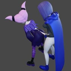 3d ass ass_job cum cumshot dc dc_comics female futa_on_female futanari grinding heperson high_heels jinx_(dc) leotard raven_(dc) skirt teen_titans voluptuous voyeur