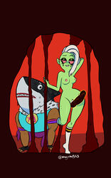 2016 alien anthro areola bedroom_eyes breasts clothed clothing dildo disney disney_channel domination duo emperor_awesome female female_domination fingerless_gloves fish freckles gloves green_skin hair half-closed_eyes hand_behind_head humanoid kneeling legwear looking_back lord_dominator magnta makeup male marine mohawk mostly_nude muscular nipples noseless on_one_leg pants pink_sclera pointy_ears pose pubes seductive sex_toy shark sharp_teeth sleeveless_shirt smile socks standing strap-on strapon sweat teeth wander_over_yonder white_hair wide_hips