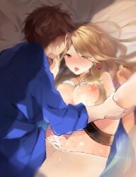 1boy 1girls 2016 big_breasts blue_shirt gran_(granblue_fantasy) granblue_fantasy katalina_aryze red_eyes vaginal_penetration