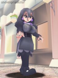 1girls 3d alternate_version_available areola areolae areolae_peeking areolae_visible_through_clothing arms_up bangs bangs_between_eyes big_breasts black_hair boots breasts clothed clothes clothing dress earrings female game_freak goth goth_girl hex_maniac hex_maniac_(pokemon_legends:_z-a) huge_breasts large_breasts leggings light-skinned_female light_skin long_hair looking_down low_poly mature mature_female mature_woman milf nintendo open_mouth outdoors painted_fingernails painted_nails pokemon pokemon_legends:_z-a public purple_eyes red_fingernails red_nails see-through see-through_clothing see-through_shirt see-through_top solo unevenprankster walking