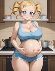 ai_generated big_breasts blonde_hair blue_eyes blush bubbles_(powerpuff_girls) cleavage crop_top hair_ornament hairpin huge_breasts indoors kitchen powerpuff_girls_z pregnant pregnant_belly pregnant_female short_shorts smile thick_thighs twintails wide_hips zakvar