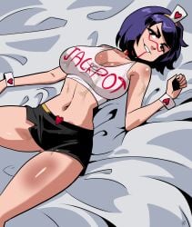 1girls alternate_version_available big_breasts breasts crop_top cum cum_on_body cum_on_breasts hi_res humiko_kanji kukuruyo lying lying_on_back lying_on_bed navel short_hair shorts smug smug_expression smug_face smug_grin smug_smile thighs villainous